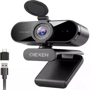 마이크 소음 감소 자동 노출 기능이 있는 OIEXEN 1080P 웹캠 90°FOV 광각 프라이버시 커버 USB-A to C