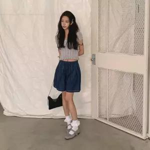 [하프클럽/]여성 스티치 디자인 면 와이드 큐롯 청반바지 팬츠