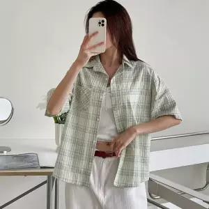 여자 여름 반팔남방 포켓 코튼 체크 셔츠