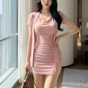 여자 봄여름 셔링 리본 데일리 미니원피스