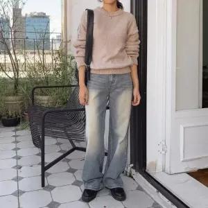 여성 노란색 워싱 일자 스트레이트 진