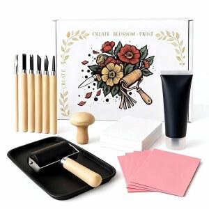 LNNCDSC 초보자 DIY 아티스트를 위한 LINOCUT 인사말 프로젝트에 스타터 롤러가 브레이어 블록 스탬프 수제 도구 조각 키트 있는 프린팅 카드 선물 세트 적합 완벽한 예술