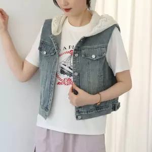 레이스 후드 데님 베스트 /페미닌 레이어드 조끼 VVT103