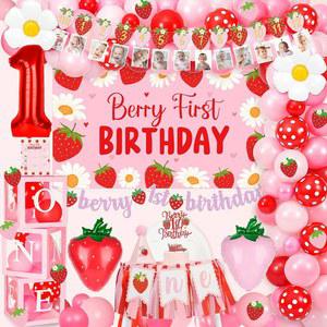 KRIYOKIAA BERRY FIRST BIRTHDAY DECOR 딸기 용 배너, 케이크 사진 여아용 배너 첫 토퍼 생일 배경, 테마 풍선 아치, 장식, 번째 의자