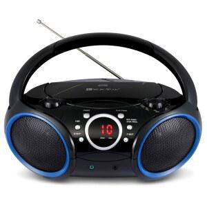 SINGING WOOD SBX030C 휴대용 CD 플레이어 로딩 핸들 AM 접이식 스테레오 디스크 헤드폰 배터리 AC 블루 붐박스 라디오 AUX FM 또는 전원 블랙 플레이어 라인