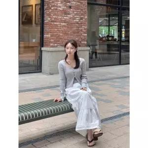 이단 핀턱 캉캉 티어드 허리밴딩 롱 화이트 스커트 E