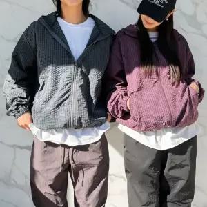 |CSJ6E6E|여성 체크 바람막이 하이넥 후드 점퍼