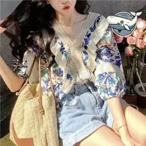 ( )여름 프릴 브이넥 블라우스 여성 숏 슬리브 블라우스 셔링 여자 예쁜 여성 루즈핏 브이넥 반팔 여름 프