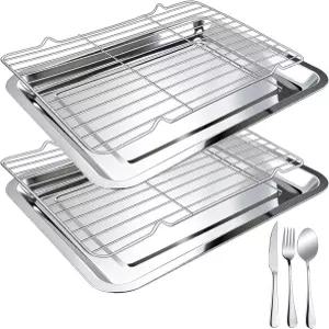 ddseexhe 4 PCS 스테인리스 베이킹 시트 세트 2장 2개 랙 15.7 X 11.8 인치 팬 스테인레스 포크 숟가락 및