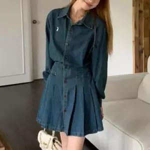 여성 데님 셔츠 원피스 긴팔 플리츠치마 청 원피스 2색