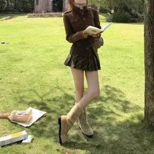 치마 미니 모직 빈티지 가을 여사친 플리츠 메탈 상의 코트 체크 CH3