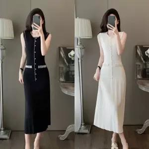 하계 니트 원피스 치마 여성 롱 세련도도녀 민소매 그라데이션 프렌치 엘레강스 라운드 진주 OOTD2