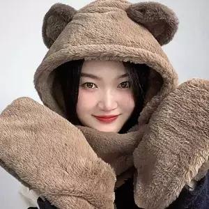 브라운 일체형 머플러 후드 큐티베어 후드숄머플러