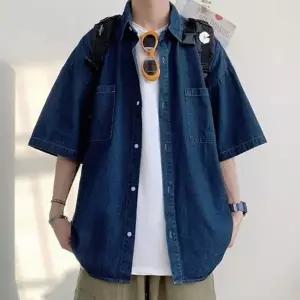 남자셔츠 청남방 데님셔츠 오버핏 진청 연청 반팔티 진청 데님셔츠 (W6A4BAA)