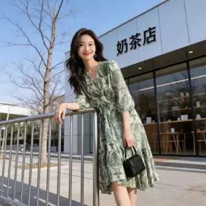 원피스 스커트 여자 예쁜 쉬폰 긴팔 봄가을 브이넥 슬림핏 A라인 SPO마켓3