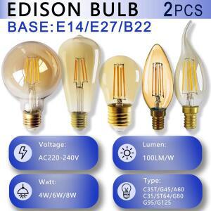 2pcs E27 B22 레트로 에디슨 LED 필 라 멘 트 전구 램프 AC220V-240V A60 G125 6W 8W 유리 빈티지 글로브