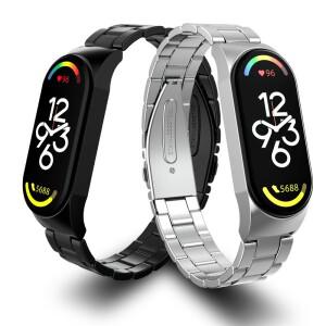 샤오미호환 mi band 3 4 5 6 용 금속 스트랩 7 스테인레스 스틸 버클 스마트 시계 교체 팔찌 액세서리
