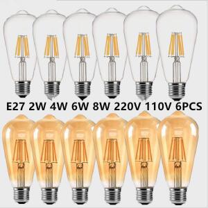 6PCS LED ST64 2W 4W 6W 8W DC 220V 110V 디 밍이 가능한 골드 필라멘트 전구 E27 B22 빛 빈티지 에디슨 램