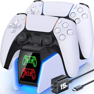 LED 라이트 듀얼 스탠드 충전기 도크가 있는 PlayStation 5 컨트롤러용 PS5 충전소 AC 어댑터가 스토리지