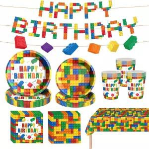 빌딩 블록 생일 파티 용품 다채로운 장식에는 종이 접시 냅킨 컵 배너 식탁보 24인분 제공