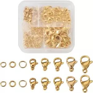 PH PandaHall 220Pcs 스테인리스 스틸 랍스터 집게 오픈 점프 링 세트 리얼 24K 금도금 보석 걸쇠 5사이즈
