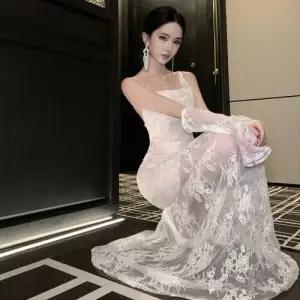 마르소 스커트 롱 여름 프렌치 드레스 나시 머메이드 레이스 약혼 여성쉬폰스커트 가운 파티 UNO2