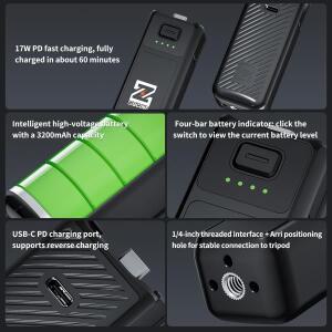 ZGCINE PK-H01 배터리 그립 1600mAh 17W DP 고속 충전 포터블 보조 (오즈모 포켓 3 핸드헬드 카메라 촬영용