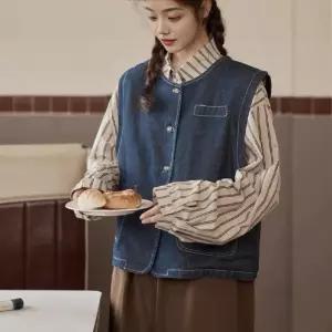 솔저스여성 데님 빈티지 캐주얼 싱글 슬림핏 라운드 조끼 민소매 OPH1