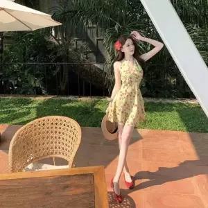 EAMT 빈티지 하계 원피스 치마 여성 프렌치 홀터넥 A라인 브이넥 바캉스 비치 플라워 EUNG2