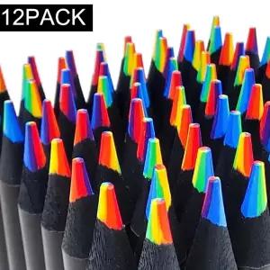 무지개색 연필 다색 7 in 1 검은색 목재 벌크 미술 용품 잉 색칠 스케치 팩 12