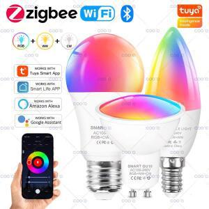Tuya E27 GU10 E14 전구 Zigbee/WiFi/블루투스 디밍이 가능한 LED 조명 램프 RGBCW Amazon Alexa Google As