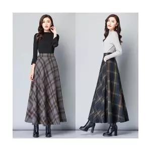 EAMT 여자 롱스커트 추동 모직 체크 빈티지 YJ3