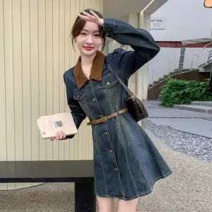 EAMT 원피스 스커트 데님 빈티지 가을 허리를 벨트 여성원피스 에 를 매치 터틀넥 잡아주어 YJ1