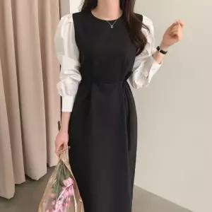 EAMT 원피스 치마 가을 여성원피스 시크 프렌치 컬러 믹스 배색 소매 벌룬 여밈 허리 스트링 라운드 YJ3