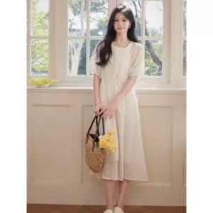 EAMT 여성 스커트 원피스 여름 슬림핏 라운드넥 쉬폰 A라인 EUNG2