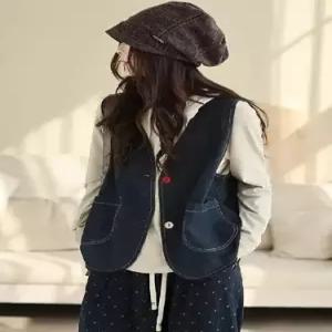EAMT 여자 데님 빈티지 캐주얼 조끼 투포켓 순정 민소매 브이넥 YJ1