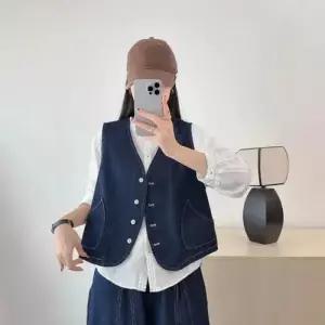 EAMT 여친 데님 가을 빈티지 덧장 조끼 상의 싱글 브이넥 나시 YJ3