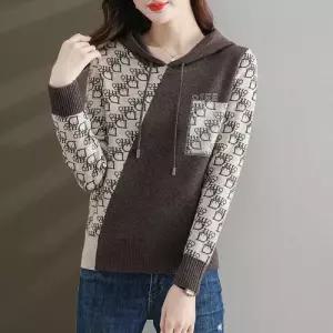 EAMT 니트 여자 캐주얼 봄 가을 루즈핏 숏스웨터 후드 배색 맨투맨 EUNG1