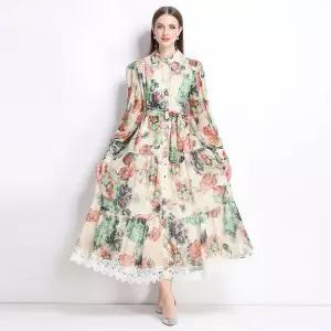 EAMT 여성용 원피스 롱 빈티지 플라워 칼라 프린트 롱스커트 풍계 EUNG1