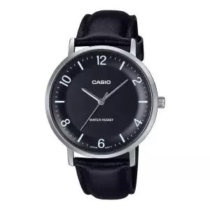 Casio 카시오 MTP-VT03L-1B 남성용 미니멀리스트 블랙 가죽 밴드 오목한 모양의 다이얼 3핸드 아날로그 시