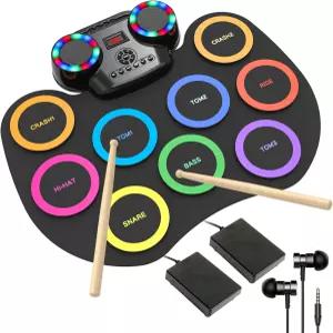 LED 조명이 장착된 록소키 전자 드럼 세트 9Pad 블루투스 휴대용 키트 롤업 연습 패드 내장 듀얼 스피커