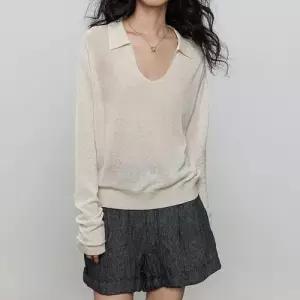 엘럽 하계 여친 니트 살구 칼라 반비침 블라우스 자외선 차단 에어컨 셔츠 초가을 겹침 브이넥 올드머니 코