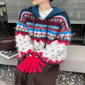 엘럽 여성 빈티지 후드 카디건 펄 우븐 끈 뽀글이 스웨터 원템1