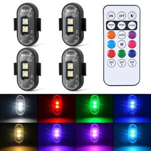 리모컨이 있는 Aukmak 4PCS 무선 LED 스트로브 조명, 8가지 색상의 충전식 조명 자동차 오토바이 드론 항공기용 충돌 방지 비상 경고등