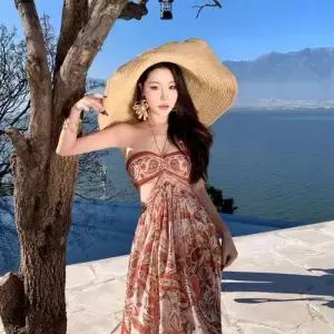 엘럽 원피스 여름 빈티지 여성용 플라워 보헤미안 홀터넥 슬림핏 튜브톱 오픈 바캉스 롱스커트 원템2