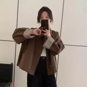 여성용 하프 가을 재킷 코트 체크 반 슬림핏 MF3