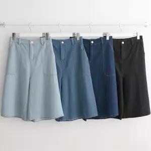 여성 5부 청반바지 데님 버뮤다 와이드 빅포켓 면 팬츠