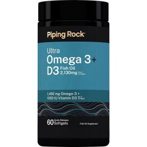 파이핑 록 울트라 3 + D3 | 소프트젤 60개 2130mg 피쉬 오일 1492mg 1000IU 비 제품, 글루텐 프리