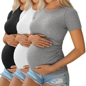Ficerd 3팩 여성 셔츠 면 반팔 상의 측면 캐주얼 마마 티셔츠
