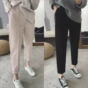 여자바지 겨울 모직팬츠 핀턱 따뜻한 허리밴딩 슬랙스 여자바지 모직팬츠